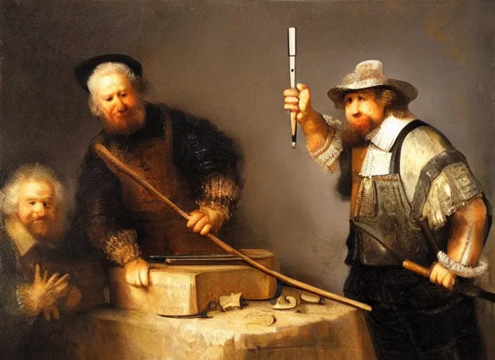 Prompt: man smashing macbook pro with a hammer. painting by rembrandt