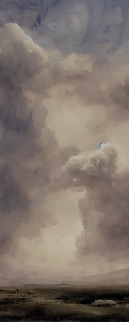 Image similar to a beautiful watercolor painting of a white landscape in the style of paul sandby and antonio guidotti, gigantic mushroom cloud in the horizon, an angel standing still, ten indistinct human figures standing still, ash and meteors falling from the sky, 8 k, trending on artstation, pastel color scheme