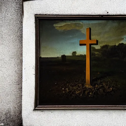 Image similar to one man in a cemetery, with a cross behind him, digging up a dead body, by nicola samori, painting, 8 k, high detail, blue, orange, and dark green tones, high quality, sad feeling, high detail, dark colors, sinister atmosphere, dramatic lighting, cinematic, establishing shot, extremely high detail, photo realistic, cinematic lighting