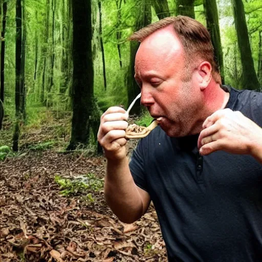 Prompt: Alex Jones eating mushrooms in the forest
