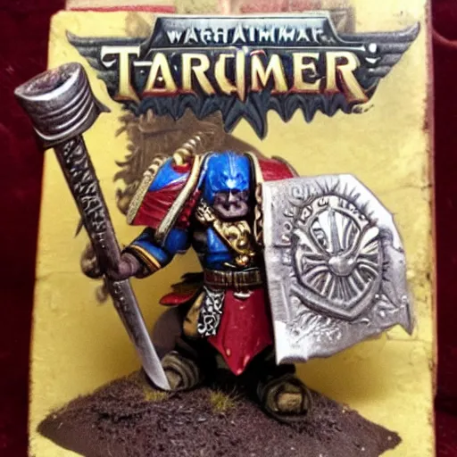 Prompt: Warhammer, Thorgrim Grudgebearer holding up his book of grudges