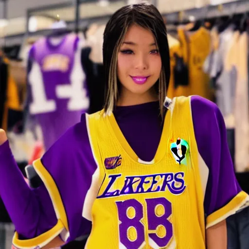 Prompt: yuna from final fantasy x wearing los angeles lakers jersey, final fantasy, lakers