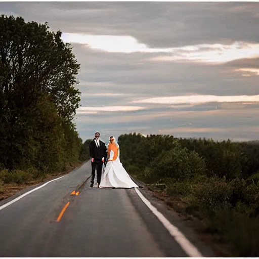 Prompt: a wedding takes place in the middle of a highway, wedding photo