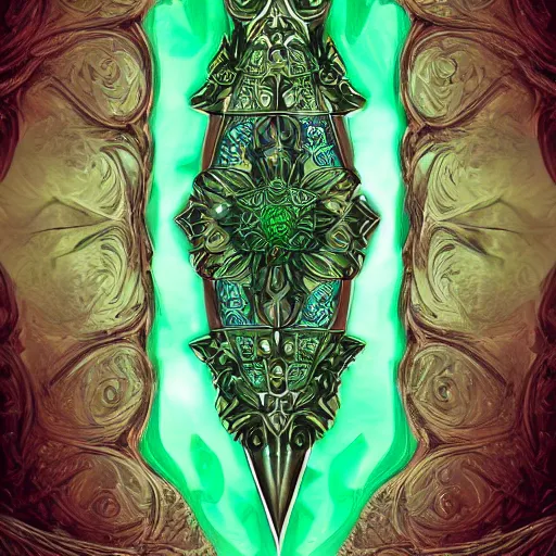 Image similar to symmetric, green fantasy sword, intricate, elegant, highly detailed, digital painting, 4k, HDR, concept art, detailed jewelry, smooth, sharp focus, illustration, matte finish, high contrast, 3d depth, masterpiece, vivid colors, artstationhd