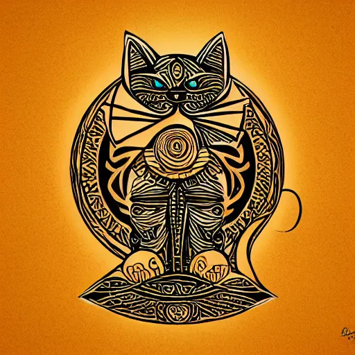 Image similar to tattoo sketch of a cat hugging the sun, on a canva, polynesian style, ornamental, line art, vector,