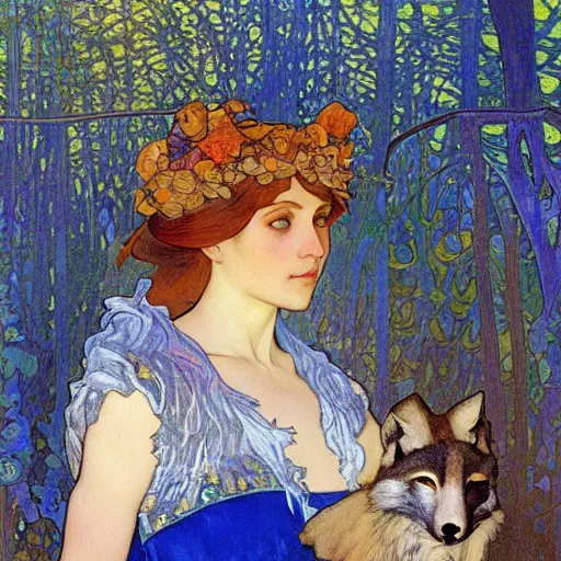 Prompt: landscape art nouveau painting of an beautiful girl dressed as a farmer and her blue fox in the forest, by alphonse mucha and gustav klimt and antoni gaudi, masterpiece,, warm shades of blue, silver, orange, gold, and pink, oil painting, high resolution, very detailed, oil on canvas, trending on artstation