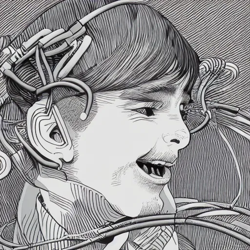 Image similar to illustration of a boy connected to his laptop with hundreds of wires, highly detailed, by butcher billy, mcbess, rutkowski, artgem, james jean, 8 k, photorealistic