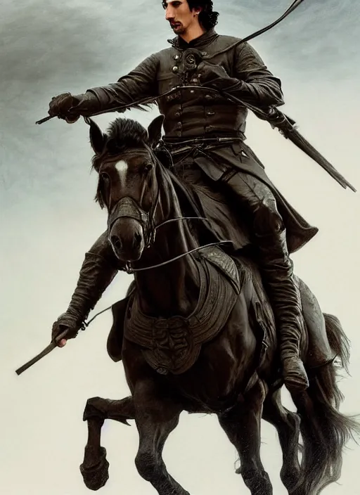 Image similar to painting of stoic king adam driver riding on horse together with his best friend john oliver, full body, military uniform, fantasy, intricate, elegant, beautiful, highly detailed, charcoal, centered, dark, smokey, digital painting, artstation, concept art, smooth, sharp focus, illustration, art by artgerm and greg rutkowski and alphonse mucha