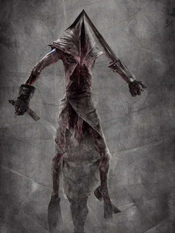 Image similar to Pyramid Head from Silent Hill on a fighting stance, splash art, riot games, mixed media, digital art, trending on artstation, 8k, epic composition, highly detailed, AAA graphics