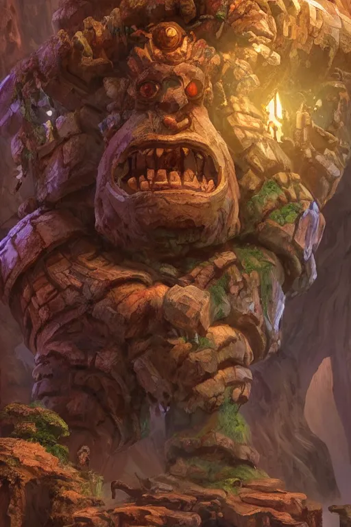 Image similar to zelda fantasy art giant golem troll wood rock greeble gemstone, global illumination ray tracing hdr fanart arstation by sung choi and eric pfeiffer and gabriel garza and casper konefal