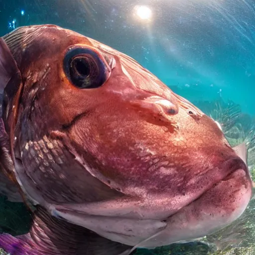 Image similar to incredibly detailed atlantic cod, wide angle shot, backlit, very realistic, underwater, beautiful photo, national geographical, underwater photography, gopro,