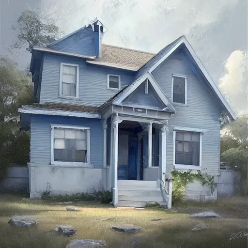 Prompt: a small suburban house, dusty blue, beginning construction. beautiful painting by artgerm and greg rutkowski