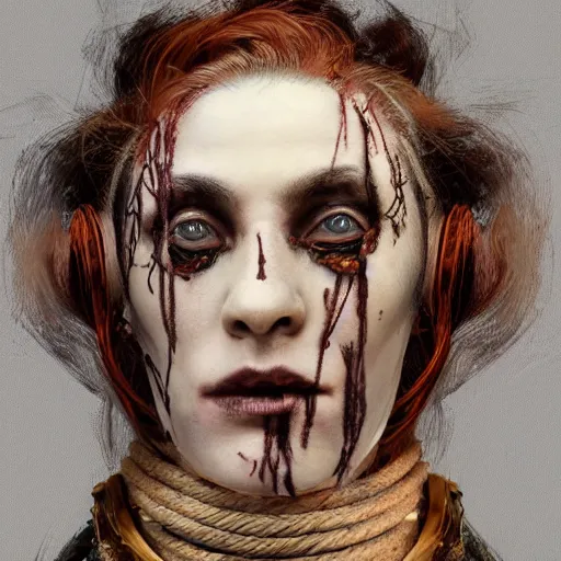 Image similar to portrait of a Shibari rope wrapped face and neck, headshot, insanely nice professional hair style, dramatic hair color, face paint half and half, digital painting, of a old 15th century, old cyborg merchant, amber jewels, baroque, ornate clothing, scifi, realistic, hyperdetailed, chiaroscuro, concept art, art by Franz Hals and Jon Foster and Ayami Kojima and Amano and Karol Bak,