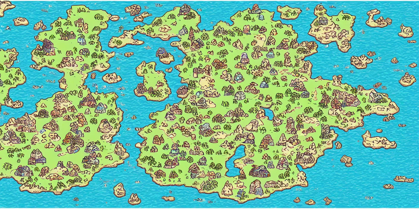 Image similar to a rpg map with continend in colored big regions surrounded by ocean detailed, flat colors and strokes