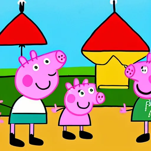 Image similar to An episode of Peppa Pig where Peppa Pig survives to a nuclear mushroom. The entire city is destroyed