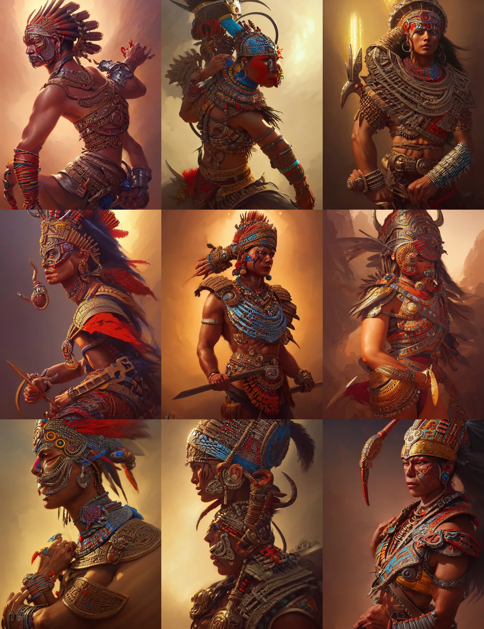 Image similar to ultra realistic illustration, aztec warrior, intricate, highly detailed, digital painting, artstation, cgnode, concept art, smooth, sharp focus, cinematic lighting, colorful, art by artgerm and peter mohrbacher and fenghua zhong