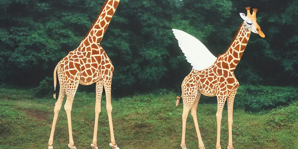 Image similar to giraffe with angel wings on its back, full body shot, wings, by studio ghibli