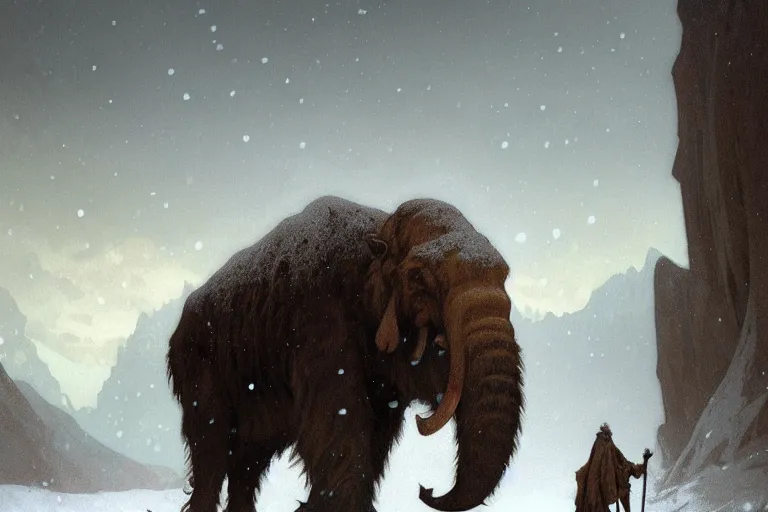 Image similar to a mammoth walking in a terrible snowstorm, luminous sky, by greg rutkowski and alphonse mucha, gradient brown to white, rocky mountains background, highly detailed landscape, digital painting, artstation, concept art, smooth, sharp focus illustration