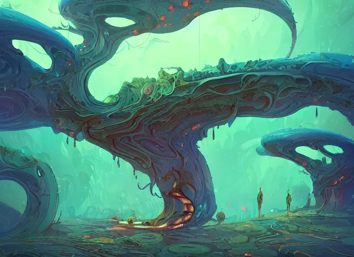 Prompt: psychedelic concept art of a spiraling alien landscape made of fungus and dragons, cel shaded, in the style of makoto shinkai and moebius and peter mohrbacher and anton fadeev