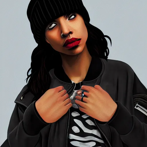 Image similar to portrait of a mixed woman with freckles, septum piercing, winged eyeliner, black beanie, black bomber jacket, urban environment, depth of field, character design, concept art