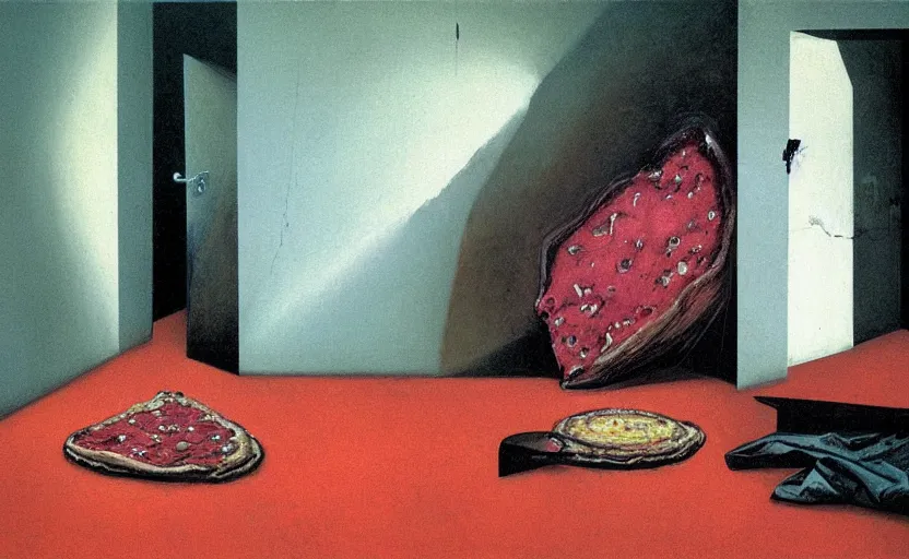 Prompt: an empty room in the style of constructivism, with a pizza on the floor, blurred, grotesque, doomed, neural acrylic paint, high resolution, gouache on canvas, ultra detailed, vibrant colors, grotesque, wrapped thermal background, art by francis bacon, beksinski painting