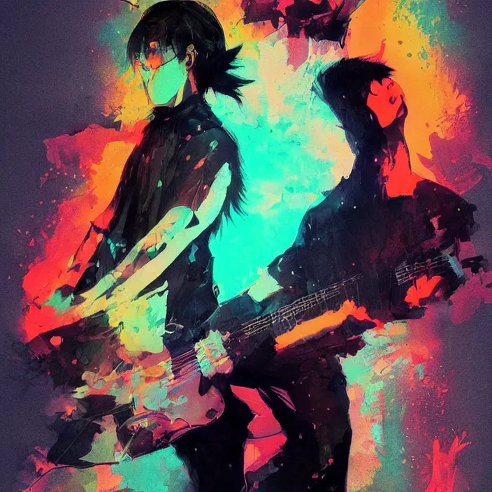 Image similar to a young korean man wearing black t shirt plays electric guitar on stage, dramatic lighting, glowy, matte colors, fascinating music, by conrad roset, dramatic brush painting, trending on artstation