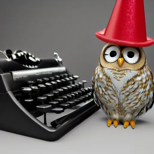 Prompt: owl wearing a party hat at a typewriter, 4k, 3d render