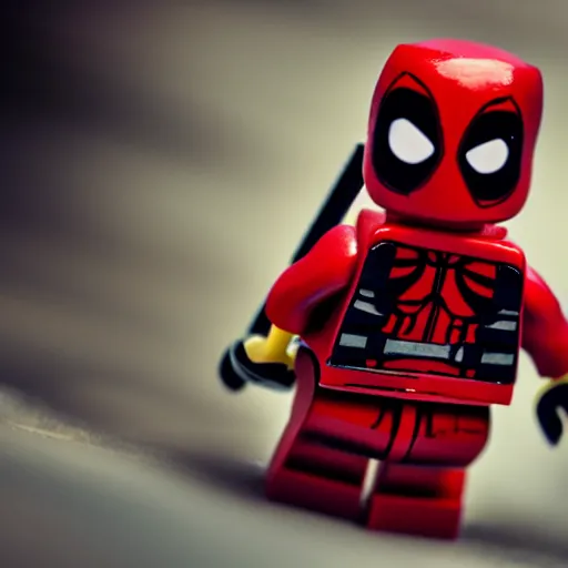 Image similar to deadpool as lego character, bokeh, photo, hyperrealistic, detailed textures and soft studio lighting, soft shadows, sharp focus, extreme detail, hyper realistic, award winning photo