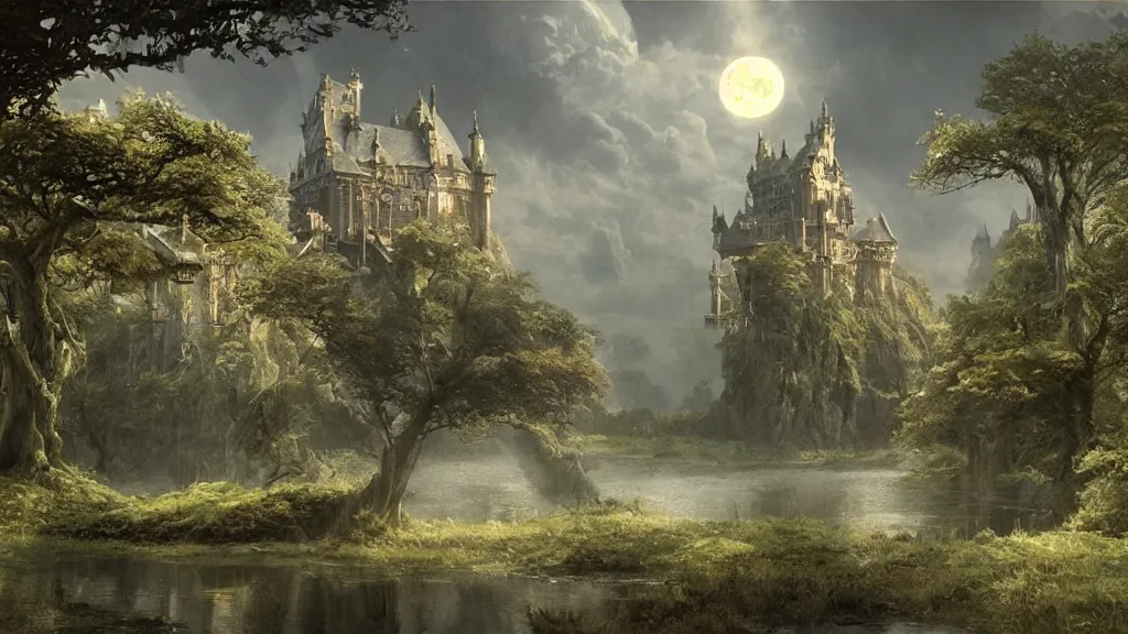 Prompt: A castle on a big magic tree, a huge moon in the sky, volumetric light scattering, ultradetailed, eerie, lustful vegetation, a beautiful pond near, elfs, by Greg Rutkowski, by Feng Zhu