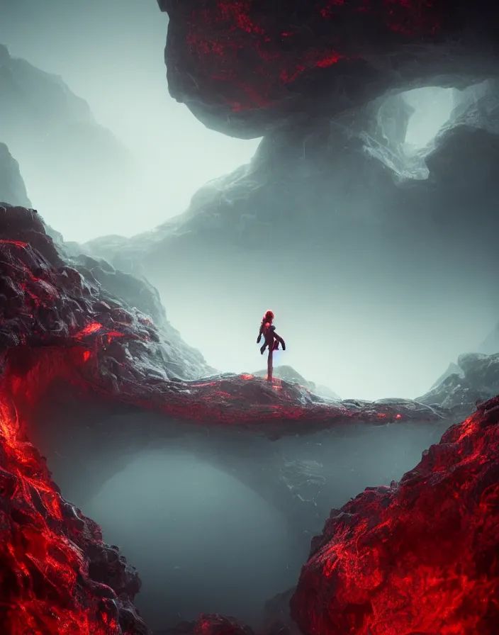 Image similar to infinity pool in hell. intricate artwork by artstation. halo. octane render, cinematic, hyper realism, octane render, 8k, depth of field, bokeh, demonic, dark, devil, demons, mist, red illuminating fog, rocks, red and black colour scheme.