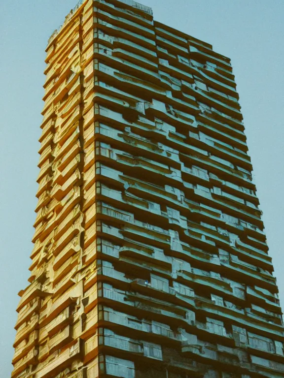 Image similar to photo of a soviet panel residential low height building, extreme wide shot, golden hour, kodak gold 2 0 0, side - view