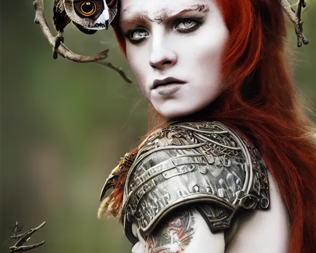 Image similar to 5 5 mm portrait photo of an armored gorgeous anesthetic redhead woman warrior with a face tattoo and horns growing from her head, and owl sitting on her shoulder in a magical forest in the style of stefan kostic, art by luis royo. highly detailed 8 k. intricate. lifelike. soft light. nikon d 8 5 0. cinematic post - processing