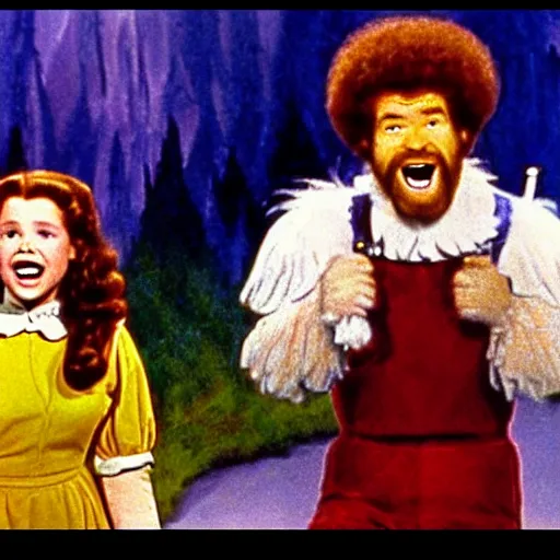 Image similar to bob ross and dorothy screaming in wizard of oz