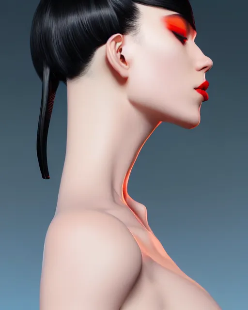 Image similar to side view of torso of pale skin beauty, scandinavian, finnish, black hair, red lips, paint by ilya kuvshinov and ross tran and karol bak and stanley lau and anna dittmann and artgerm and xiaoguang sun and tian zi