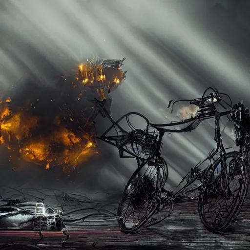 Prompt: bicycle mecha, dark messy smoke - filled cluttered workshop, dark, dramatic lighting, orange tint, sparks, cinematic, highly detailed, sci - fi, futuristic, movie still
