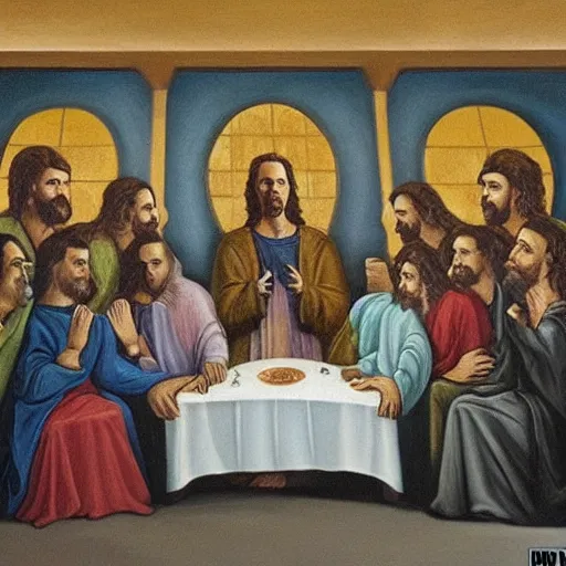 Image similar to nic cage in the last supper as painted by ray kurzweil