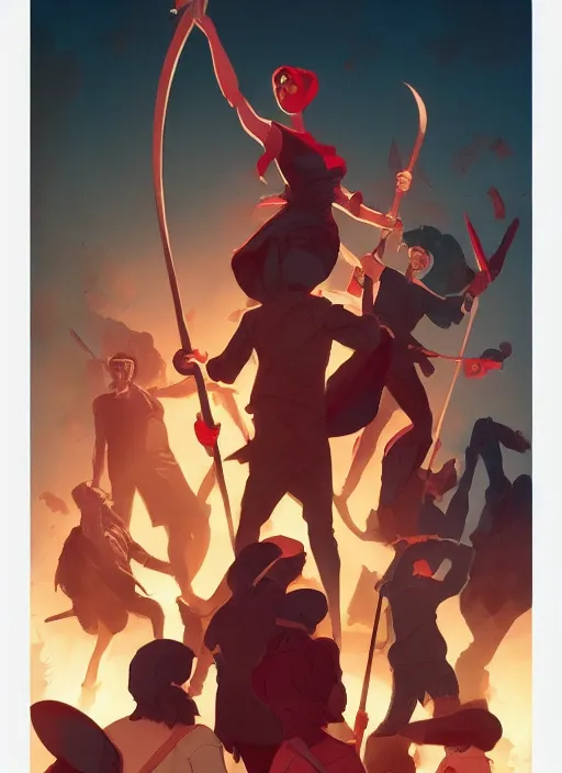 Prompt: angry mob with pitchforks during the french revolution, in the style of artgerm, gerald brom, atey ghailan and mike mignola, vibrant colors and hard shadows and strong rim light, plain background, comic cover art, trending on artstation
