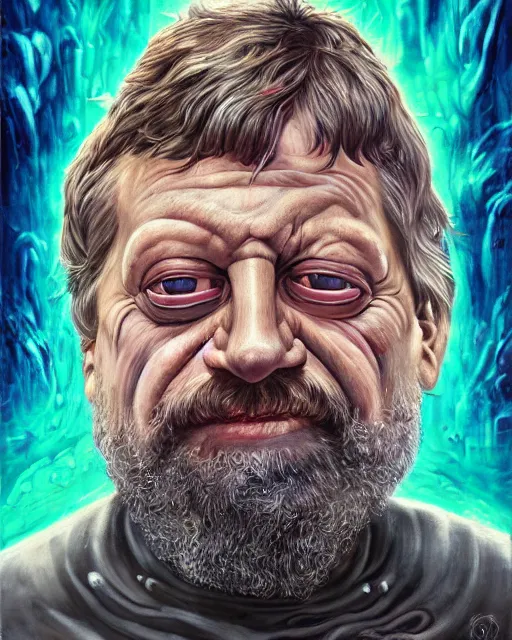 Image similar to cyborg slavoj zizek, by antonio j. manzanedo, giger, alex grey, android jones, wayne barlowe, philippe druillet, raymond swanland, cyril rolando, josephine wall, harumi hironaka, trending on artstation