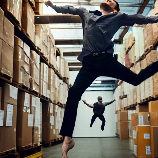 Image similar to a painting of a portrait of a male model boisterously dancing around the room by himself holding an empty wine bottle as he jumps in the air in a (warehouse), striking artistic concept, perfect composition, detailed facial expression, fine detail, dramatic lighting, award-winning photo UHD, 4K