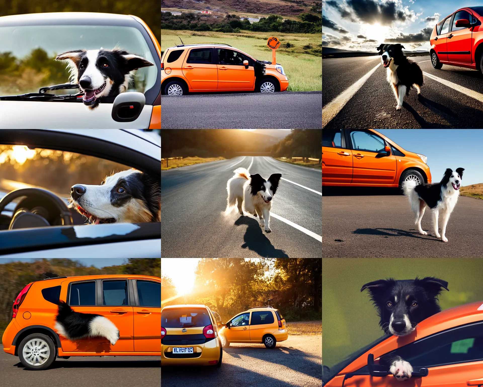 Prompt: border collie dog looking through windshield of an orange nissan note, paws on wheel, car moving fast, rally driving photo, award winning photo, golden hour, telephoto lens