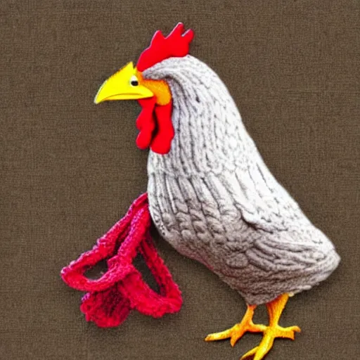 Image similar to A chicken knitting a scarf,