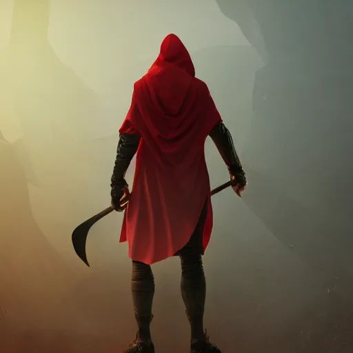 Image similar to view from the back warrior holding two swords, full body worn out damaged cape, red hoodie, worn out clothes, floating sand, concept art, volumetric light, full body shot, 8K, trending on artstation