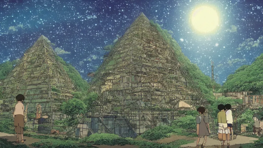 Image similar to a movie still from a studio ghibli film showing a huge industrial mining runoff storage facility and a pyramid under construction in the background, in the rainforest on a misty and starry night. by studio ghibli