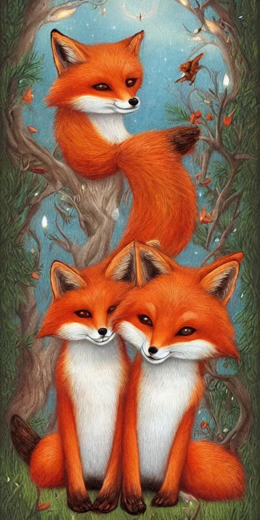 Image similar to greeting card, love, 2 beautiful foxes, by greg simkins, warm colors, cozy