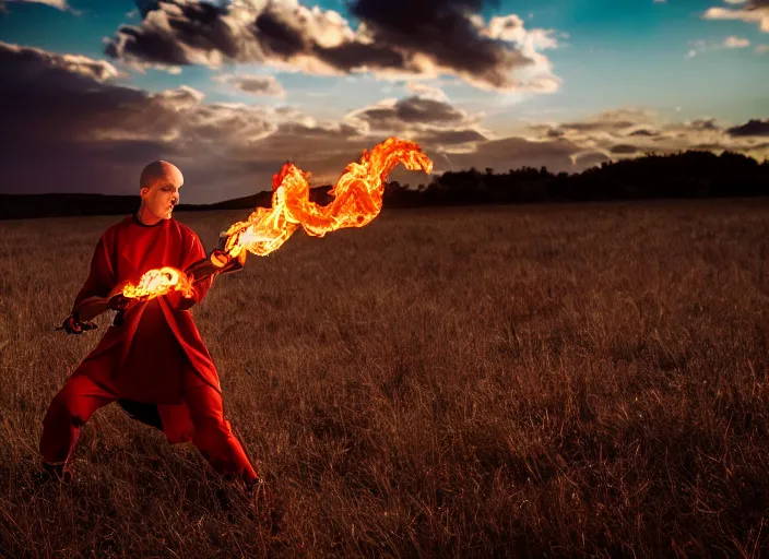 Image similar to squidward practicing firebending in an open field at susnset, 1 2 0 mm, dramatic lighting'