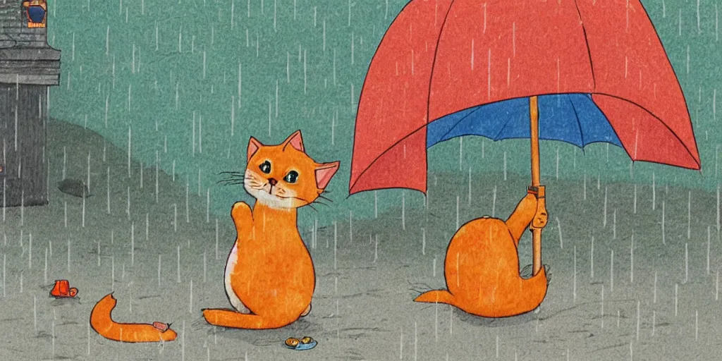 Image similar to an orange tabby kitten waiting in the rain in chuncheon by richard scarry