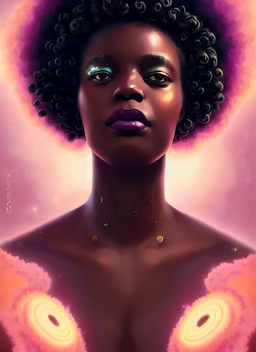 Image similar to portrait of young black woman with bantu knots, afro - futurist style, intricate, elegant, exploding nebulae, highly detailed, digital painting, artstation, concept art, smooth, sharp focus, illustration, art by wlop, mars ravelo and greg rutkowski