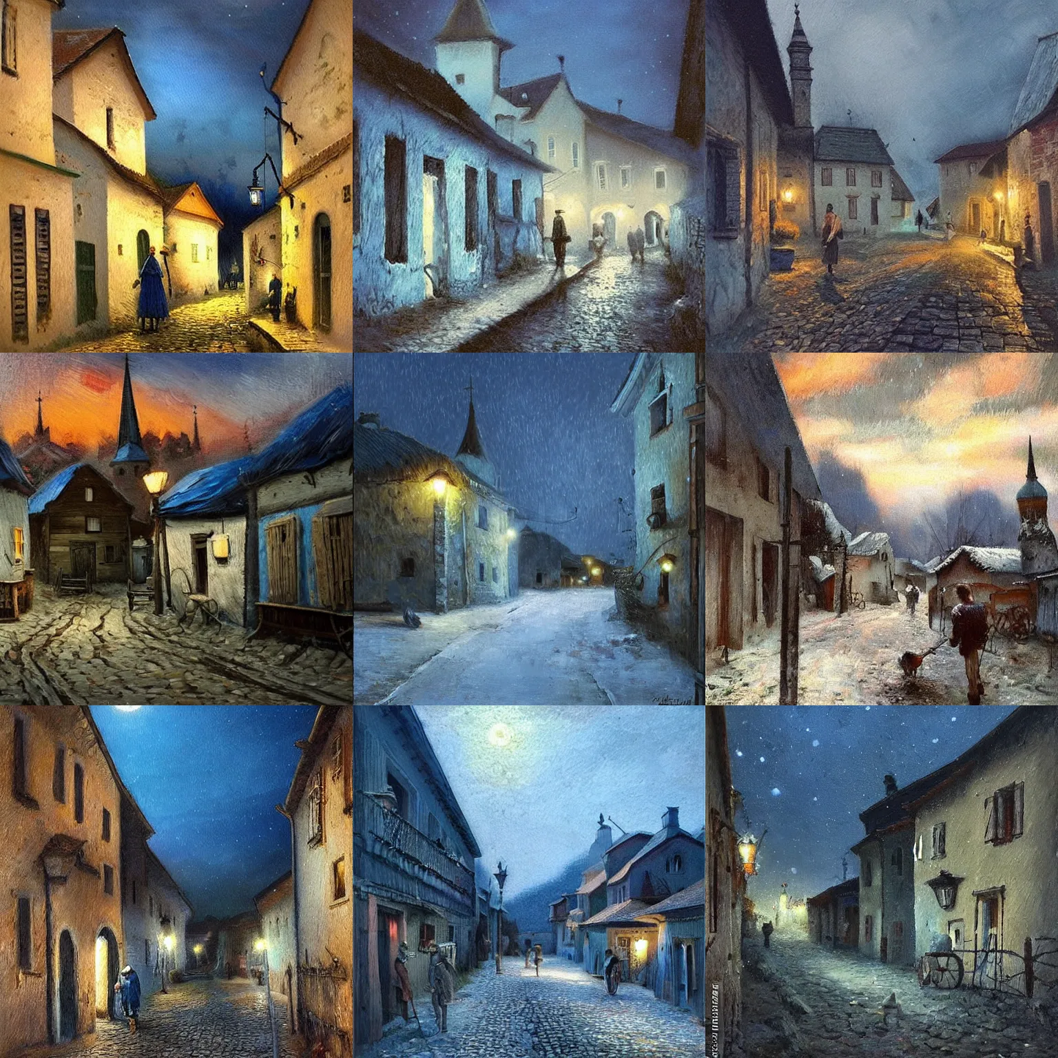 Prompt: 1 8 8 7, small hungarian village at midnight, atmospheric, hyperrealistic, detailed, hd, blue tones, inspired by street photography, oil canvas by meszoly geza, mednyanszky laszlo, szekely bertalan and lotz karoly, trending on pinterest. com