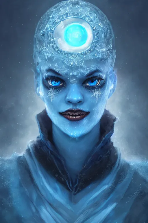 Prompt: frozen jester clown mage wizard, eyes glowing blue, heavenly stars in the background, is at dawn and bluish, fantasy, intricate, elegant, digital painting, highly detailed, artstation, sharp focus, illustration, concept art, ruan jia, steve mccurry