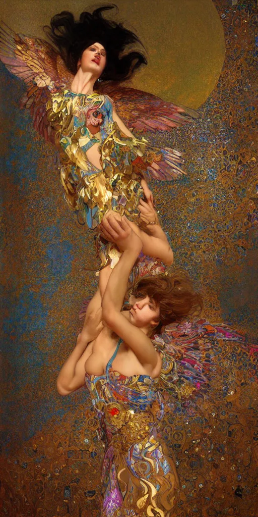 Prompt: an intricate painting of an artistic pose beautiful angel with an artistic pose, hyper - detailed, covered in fancy silk cloth with klimt motives, octane render, vivid colors, artstation, by jeremy mann, by alphonse mucha, by boris vallejo, by gustav klimt